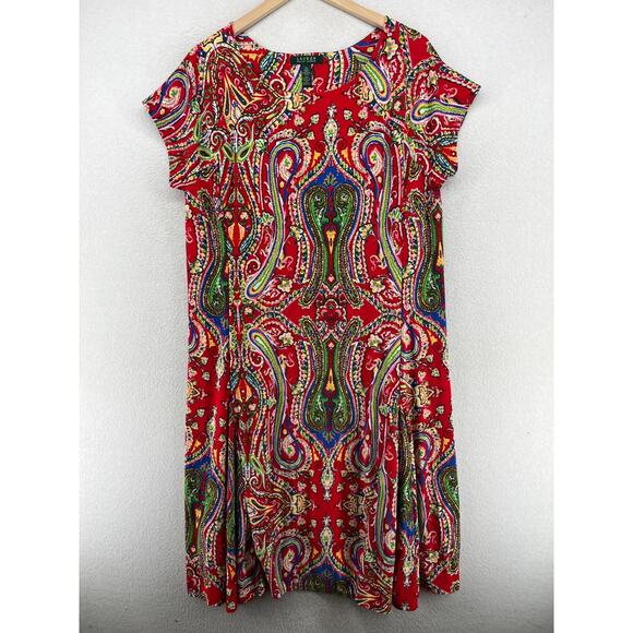 LAUREN RALPH LAUREN Dress 1X Plus Paisley Fit & Flare Swing Stretch Jersey Red - Picture 1 of 12
